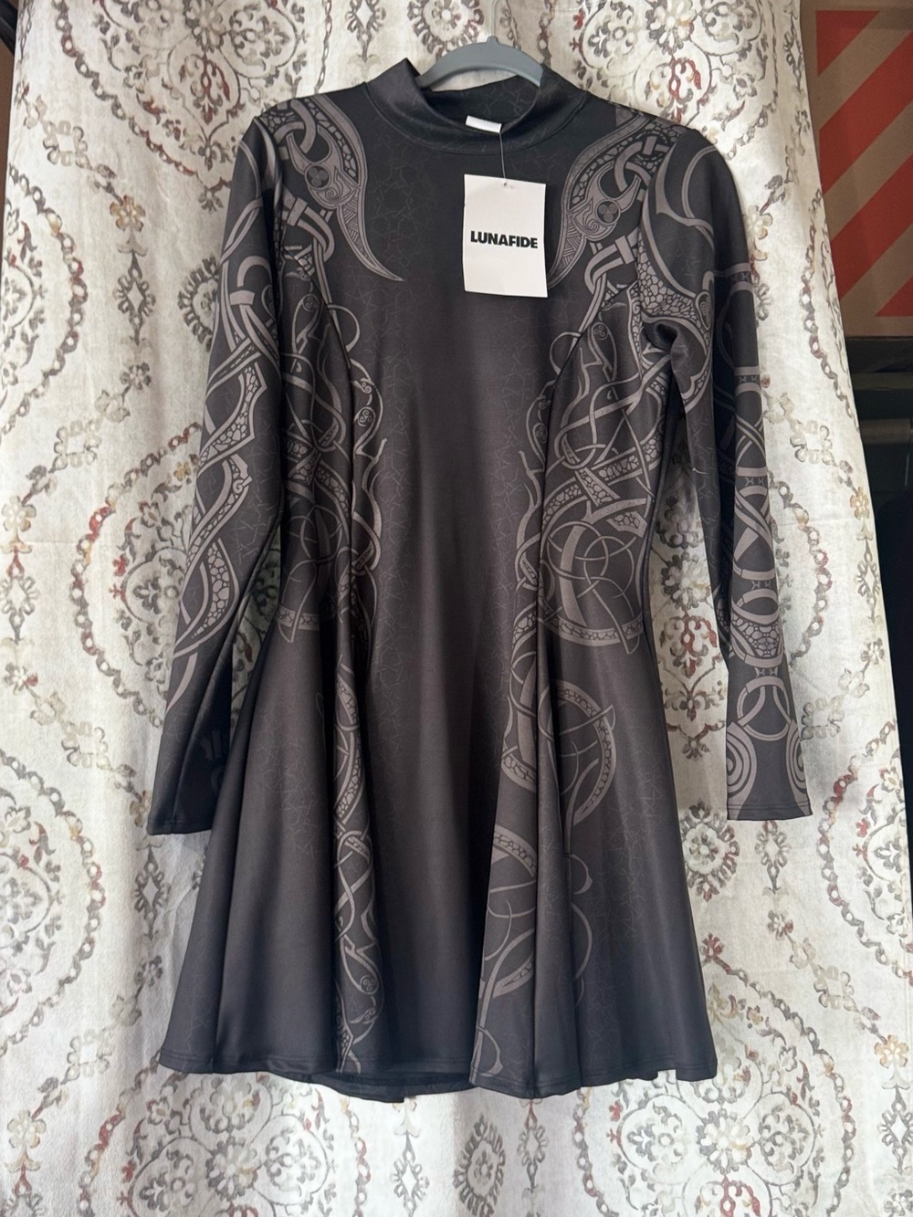 Lunafide Black Long-Sleeve Printed Fit-and-Flare Dress